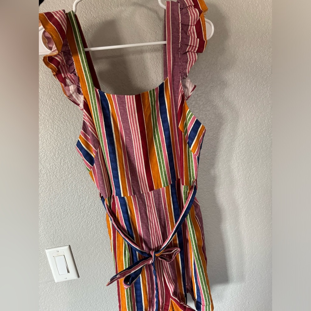 Anthropologie Purple and Orange Striped Jumpsuit with Tie Belt